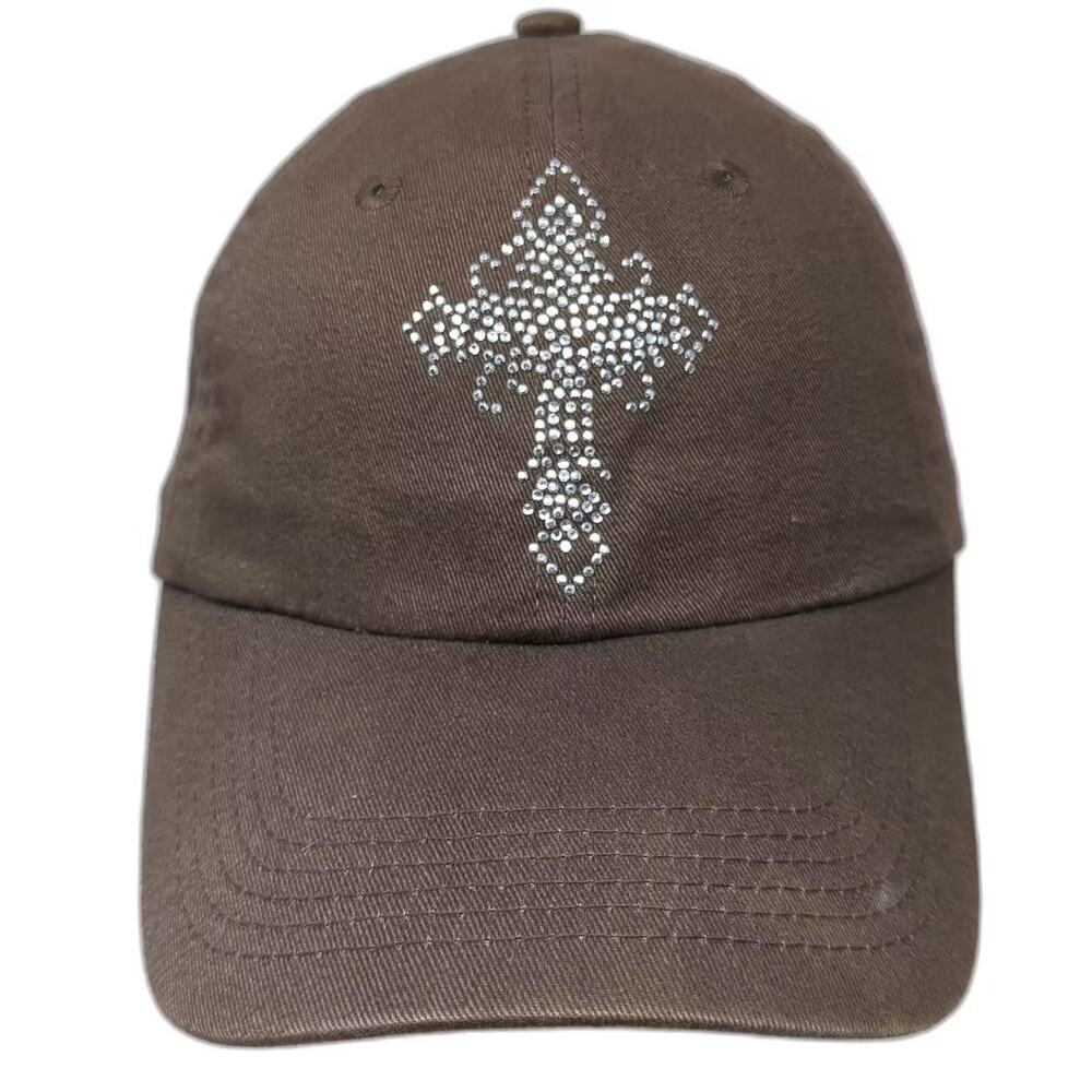 Harriton Baseball Cap Brown Silver One Size Rhinestone Cross Adjustable Hat